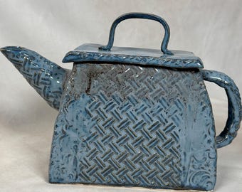 Handmade Ceramic Teapot | Asian Inspired Blue Glaze, Braided Texture
