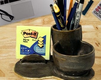 Ceramic Desk Organizer | Handmade | Brown, Green, Gold Glaze | Office Accessory, Hobby, Table Neatness, Bedside, Pens And Paper, Efficiency