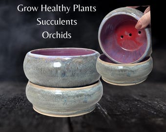Nested Planter Set | Ceramic, Handmade | Gray, Blue Fuchsia Glazes | Indoor Decor, Succulents, Minimalist, Drainage, Garden, Nature