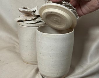 Two, Ceramic Canisters | Handmade, Sculpted | Cream Glaze | Home Decor, Bath, Kitchen, Counter, Decorative Jars, Floral Sculpture, Organize