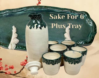 Leaf Sake Set For 6 | Handmade, Ceramic | Green And Beige Glaze | Leaves, Home, Nature, Japan, Asian, Drinkware, Barware, Sushi, Plum Wine