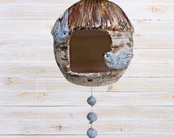 Bird Feeder & Shelter | Ceramic, Handmade | Blue, Brown, Gold Glaze | Nature,Birds, Garden Decor, Trees, Bird Lovers, Animal Snack
