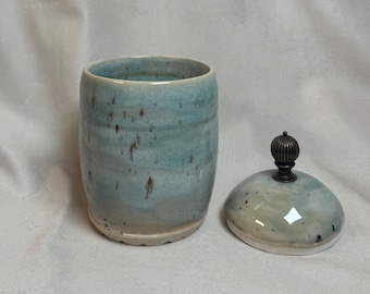 Storage Jar | Brass Knob, Ceramic, Handmade | Translucent Blue/Green Glaze | Vanity, Office, Livingroom, Kitchen, Indoor Décor, Food Safe