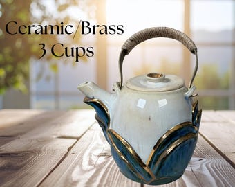 Ceramic Teapot |Handmade |  Blue, White, Gold Glazes, Brass And Twine Handle | Home, Beverages, Kitchenware, Kettle, Asian, Herbal Tea, Brew