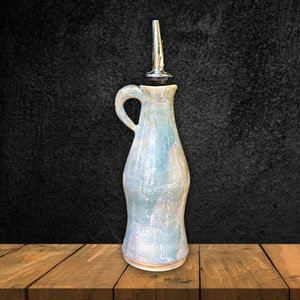 Oil/Vinegar Dispenser | Ceramic, Handmade | Aqua, Beige, White Glaze | Finger Hold Aluminum  Spout, Salad, Appetizers, Kitchenware, Cooking