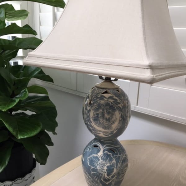 Light Blue Lamp Base, Floral Double Nested | Ceramic, Handmade | Hand Carved | Shade Included | Bedroom, Hallway, Den| Working Socket