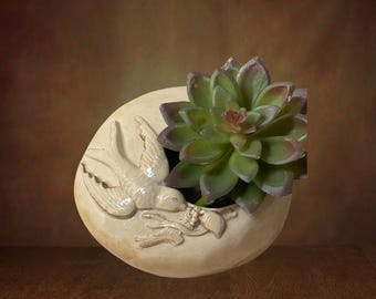 Mini Succulent Planter, Bird | Ceramic, Handmade | Beige, Gold Gilding | Interior Design, Nature, Rustic, Fen Shui, Gardening, Den, Office