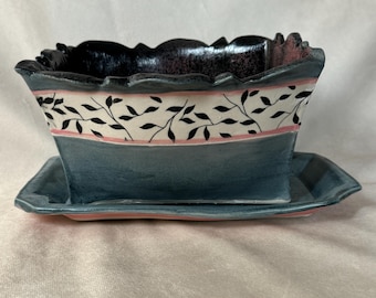 Vintage Planter W/ Plate | Ceramic, Handmade, Vintage | Teal, Pink, Black |  Drainage | Interior Design, Gardening, Succulent Herbs
