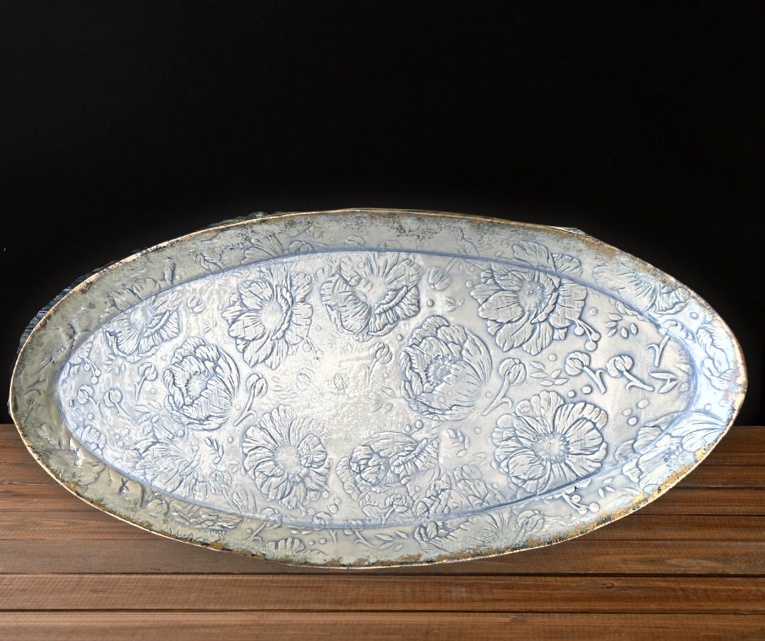 Ceramic Oval Tray Vintage Design Light Blue, Gold Glaze Handmade