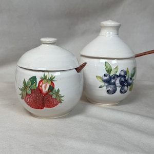 Handmade Ceramic Jam Jar Set | Strawberry, Blueberry Kitchen Decor