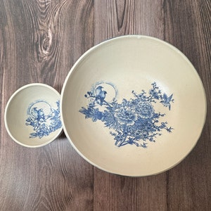 Salad Bowl And Dressing | 9.5&quot;x3.25&quot; | Ceramic, Handmade | Cream, Royal Blue Glazes | Kitchenware, Meals, Asian, Serving Bowl, Sauce Bowl