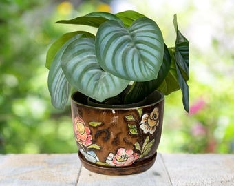 Hand Painted Floral Planter | Ceramic, Wheel Thrown | Brown, Pink, Blue, Yellow Green Glazes | Home Decore, Farmhouse, Gardening | Drainage