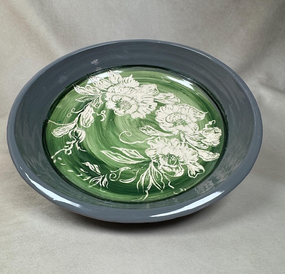 Floral Ceramic Carved Pie Plate/ 10