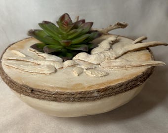 Succulent Planter, Birds | Handmade, Ceramic | Peach Glaze, Twine, Natural Wood | Decorative, Interior Design, Rustic, | Den, Fen Shui