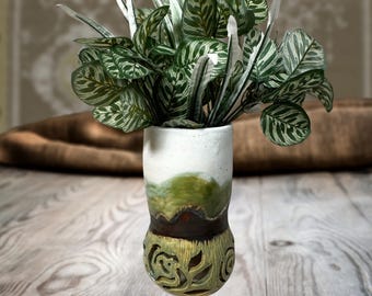 Ceramic Planter | Cut, Sculpted Handwork | Cream, Green, Brown, Gold Glazes | Centerpiece, Dining Table, Living Room, Giftware, 4" Pot