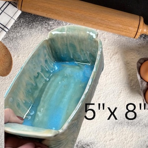 8" x 5" Loaf Pan | Ceramic, Handmade | Aqua, Yellow, Cream Glaze | Textured Leaves | Kitchenware, Baking, Banana Bread, Food And Oven Safe