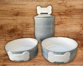 Ceramic Rustic Dinnerware For Dog | Set of 3, Bowls & Treats Jar |Gray Blue, Creamy  Glaze | Personalize | Pets | Dog Food | Kitchenware