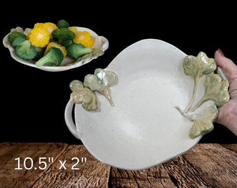 Ginkgo Leaf Serving Bowl | Ceramic, Handmade | Cream, Green, Yellow Glaze | Decorative Serving, Interior Design, Home, Catering, Centerpiece
