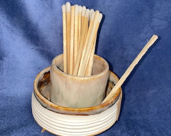Ceramic Match Bin 3"x3" | Handmade | Sandpaper | Light Blue, Brown Glaze | Candles, Fireplace, Cooking, Pipes, Cigarettes | Groomsman Gift