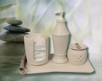 4 Piece Bath Accessory | Ceramic, Handmade | Cream Glaze | Spa, Salon, Health, Body, Face, Nails, Organic, Essential Oil, Beauty, Meditation
