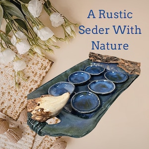 Plato de Séder de la Naturaleza / Cerámica, Hecho a mano / Verde, Azul, Marrón, Esmalte de Almendra / Hogar, Israel, Judaísmo, Pésaj, Festividad Judía, Símbolos, Aves