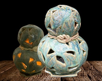 Ceramic Green-Blue Luminary |  Hand cut  and Sculpted | Fragrance Burner, Light, Ambience, Indoor Decor, Candles, Sculpture, Illuminate