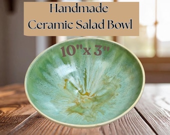 Ceramic Salad Bowl | Handmade | Light Green Glaze | Home, Kitchenware, Serving Food, Cooking, Storing, Popcorn, Bread, Display Fruit