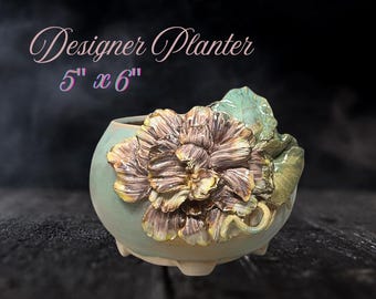 Floral Sculpted Planter 5" x 8" | Handmade, Ceramic | Aqua, Lavender, Yellow Glaze | Home Decor, Succulents, Berries, Centerpiece, Drainage