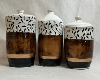 3 Canisters, Black, Brown, Gold, Beige | 6.5"-6"-5.2" | Ceramic, Handmade | Bathroom, Kitchen, Office, Indoor Decor, Storage, Organization