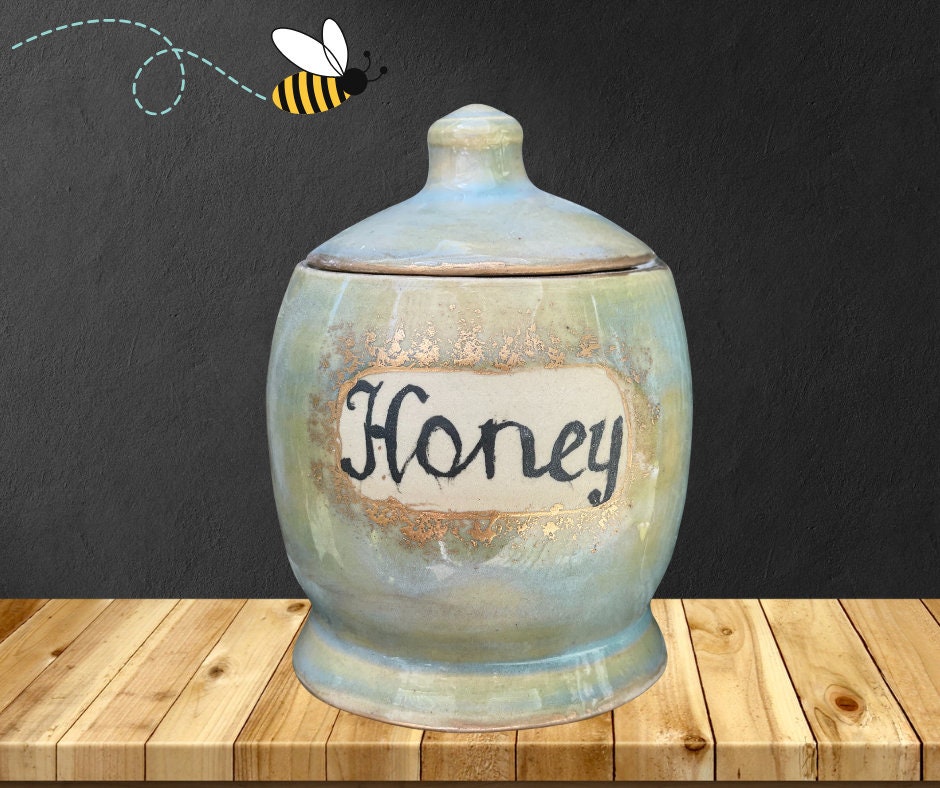 Honey Jar-Handmade, Rustic | Aqua, Light Green, Amber, Beige, Black Glaze | Syrup, Jelly, Sugar, Treasures, Hidden Money, Scented Candle