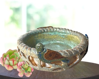 Succulent Planter W/Birds | Shallow, Ceramic, Handmade | Green, Brown, Blue Glaze, Gold Gilding | Sculpted, Handpainted | Garden, Gift