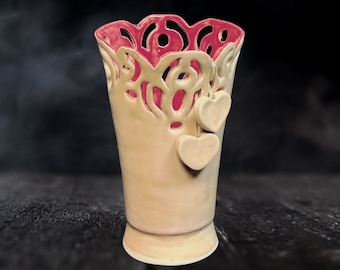 Lace And Hearts Vase | Ceramic, Handmade | Pink/Deep Pink Glaze | Bouquet, Valentine's Day, Indoor Décor, Art, Love, Decorative, Flowers