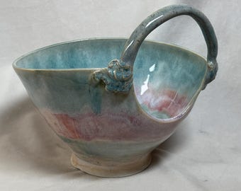 Handmade Ceramic Centerpiece Bowl | Blue & Pink Glaze, Circular Handle