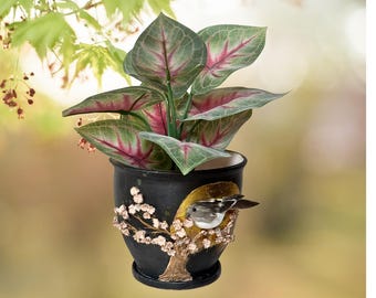 Asian Planter With Golden Moon | Ceramic, Handmade | Black Glaze, Sculpy Clay, Gold Leaf, Feathered Bird | Interior Design, Art, Sculpture