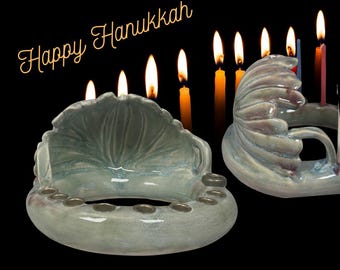Sculptural Round Hanukkah | Handmade, Ceramic | Lt. Green, Blue, Wine Glazes | Jewish Holidays, Celebrations, 8 Nights Of Chanukkah, Candles