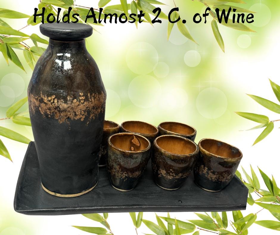 Sake Set for 6, | Ceramic, Handmade | Black, Brown Gold