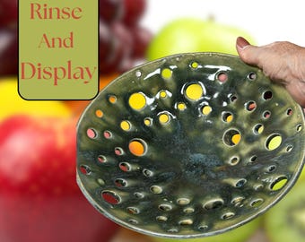 Ceramic Colander | Handmade | Olive Green And Blue Glaze | Kitchenware, Serving Food, Hygiene, Centerpiece, Display, Food Plating, Tableware
