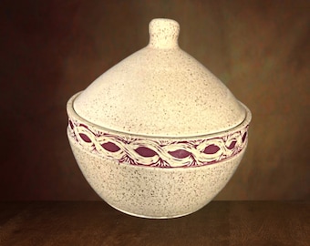 Handmade Ceramic Bowl with Lid | Carved Beige Glaze, Oven Safe