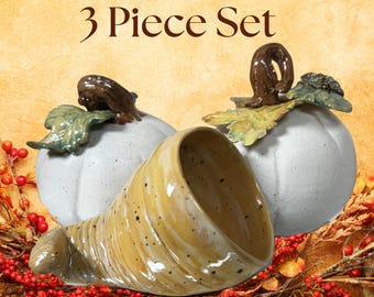 Fall Pumpkin Trio | Ceramic, Handmade | Cream, Green, Brown Glazes | Interior Design, Home Decor, Seasonal, Harvest, Table Accessory