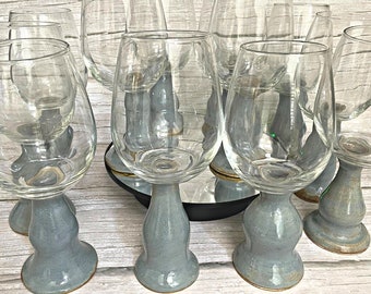 6 Ceramic Stem Goblets | Handmade, |  Gray Blue Glaze, Glass Bulb | Food Safe | Dining, Kitchenware, Party, Barware, Sangria, Ice Tea, Water