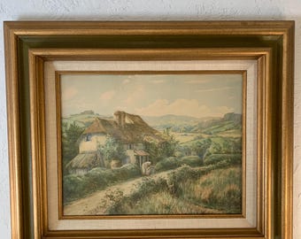 Vintage Maud Hollyer Framed Watercolor Print Jeannine’s House Of Color 1976 18” x 22” Wood and Canvas Gold Frame Discounted
