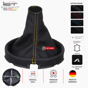 Könnte beinhalten: Ein schwarzer Schaltsack aus Leder mit gelben Nähten und einem runden Rahmen. Das Produkt ist für manuelle Getriebe, von Premium-Qualität und made in Germany. Enthält visuelle Anzeigen für verschiedene Nahtfarben und Materialoptionen.