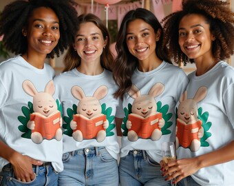 May include: Four people wearing light blue t-shirts with a cartoon bunny reading a book. The bunny is beige with a red book and green leaves. The people are smiling and wearing blue jeans.