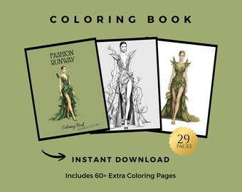 Libro para Colorear Fashion Runway – Botanical Couture – 29 Páginas – PDF Imprimible – Descarga Instantánea