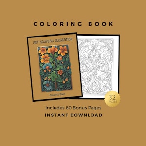 Può includere: Un libro da colorare con il titolo "COLORING BOOK" in alto. La copertina presenta un design floreale Art Nouveau in arancione, blu e verde. Il libro aperto mostra un'illustrazione in bianco e nero. Il testo include "Includes 60 Bonus Pages" e "INSTANT DOWNLOAD".
