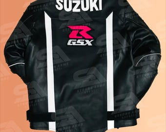 Suzuki GSXR Black Leather Motorcycle Jacket: Custom Biker Racing