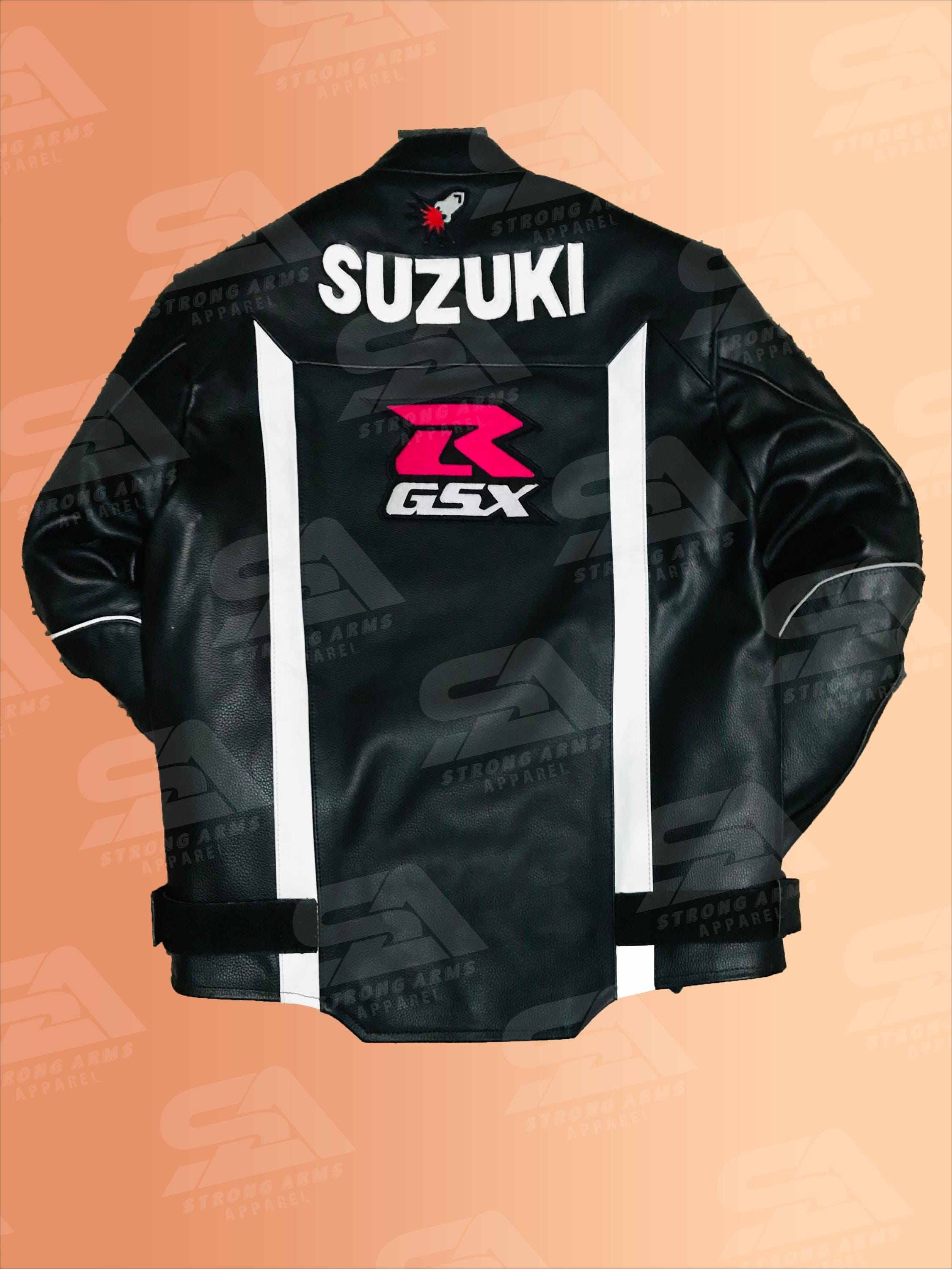 Custom Suzuki GSXR Leather Racing Jacket, CE Armor, Black Cowhide