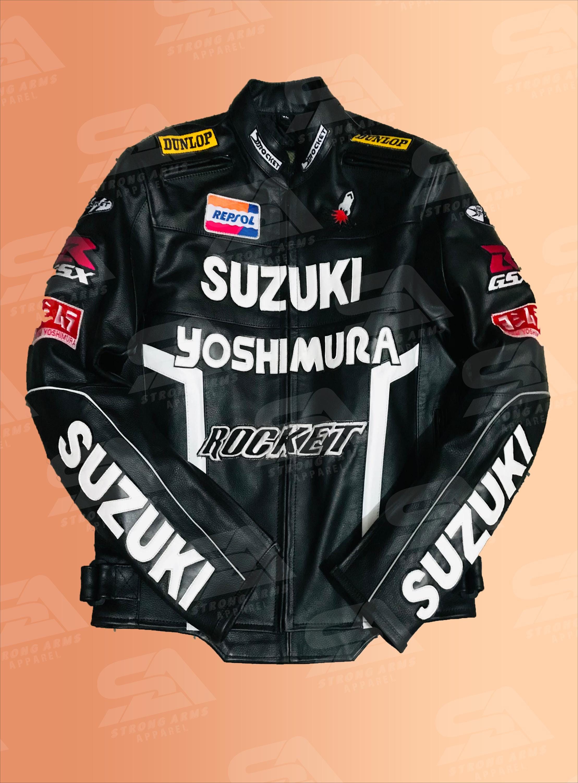 Suzuki GSXR Black Leather Motorcycle Jacket: Custom Biker Racing