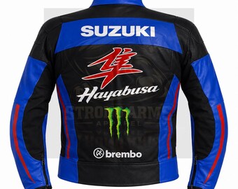 Custom Suzuki Hayabusa Leather Racing Jacket, Blue Black Biker