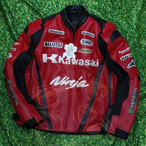 Kawasaki Ninja Red Racing-motorfiets met de hand gemaakt leer Aanpassen jas Biker echt rundleer heren